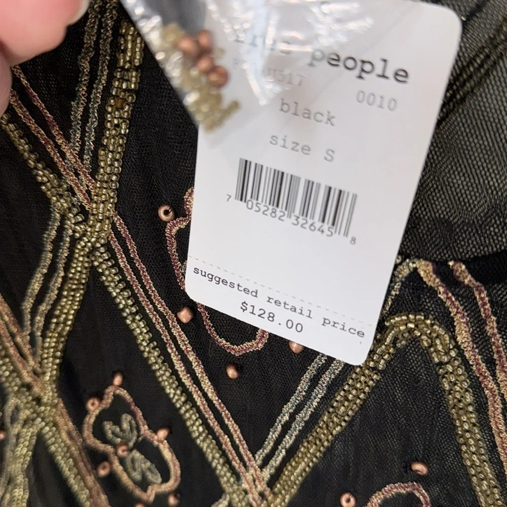 Free people shirt tulle raw pleated hem embroidered top beaded embroidery